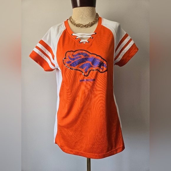 DENVER BRONCOS NFL Short Sleeve Jersey With Lace Up Neckline. Size Large - Picture 1 of 9